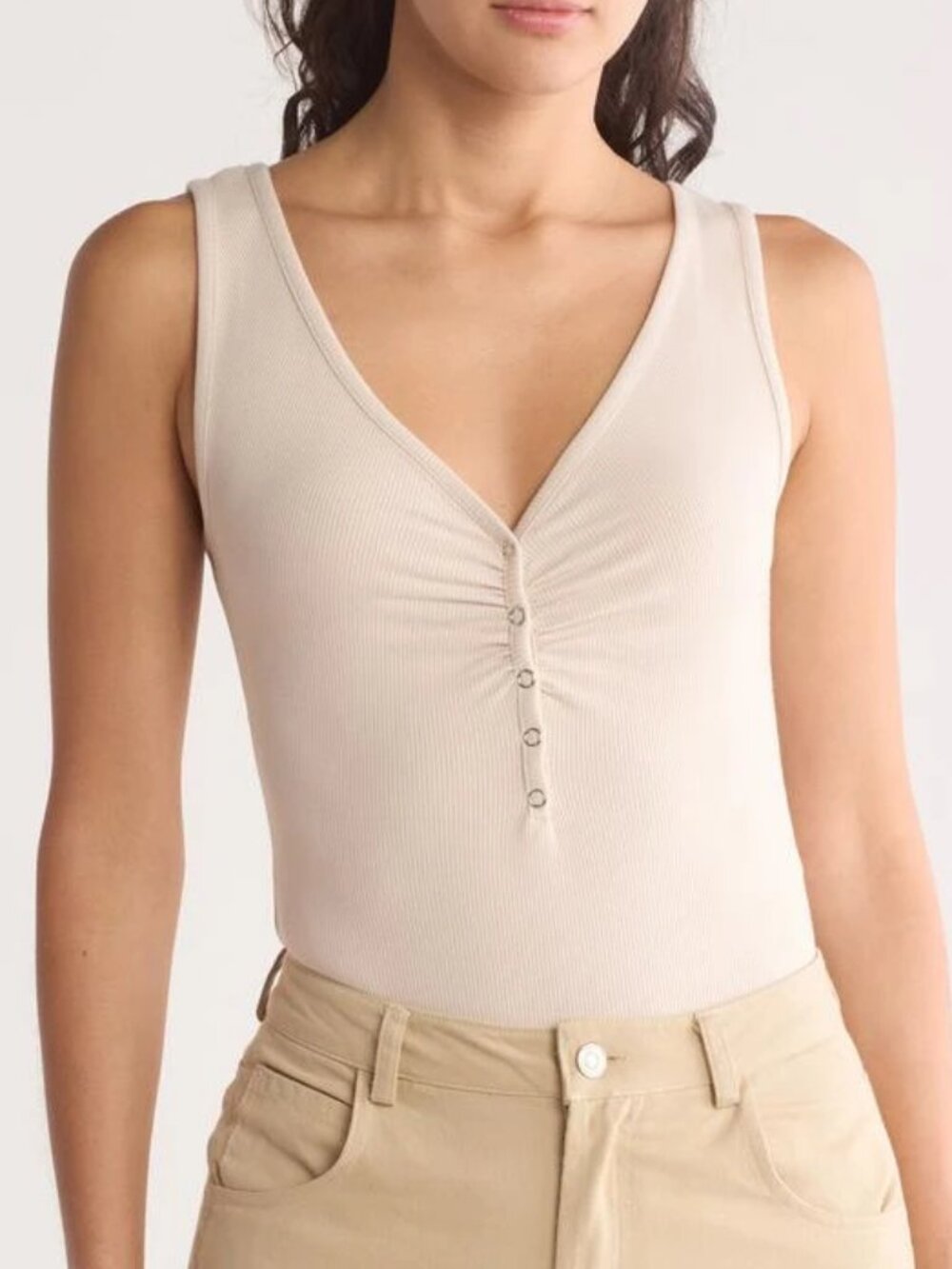 Elodie Beige Light Tan Soft Ribbed Snap Ruched Tank Top Bodysuit V-neckline L
